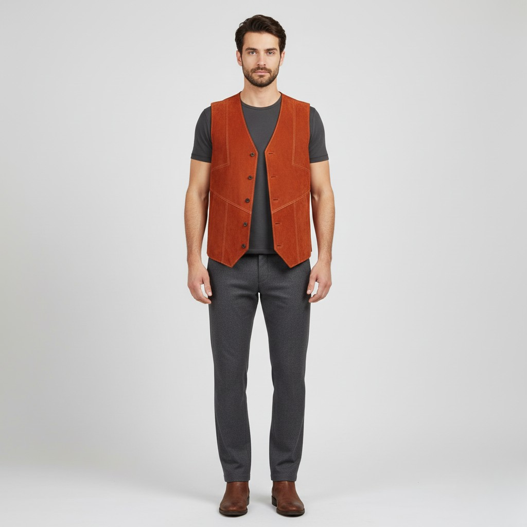 Gilet in pelle scamosciata con bottoni sul davanti